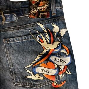 Ed Hardy Jeans Retro Born Free Bird Graphics Denim Blue